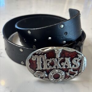 Texas Metal Silver Red Belt Buckle Black Studded Leather Texas Longhorn Belt 42"